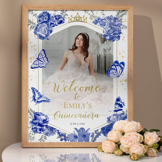 Poster Quinceanera Photo Welcome Sinal Royal Blue Floral (Criador carregado)