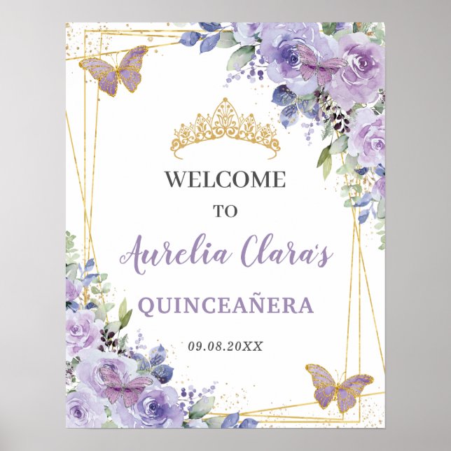Poster Quinceañera Purple Lilac Borboletas Douradas (Frente)