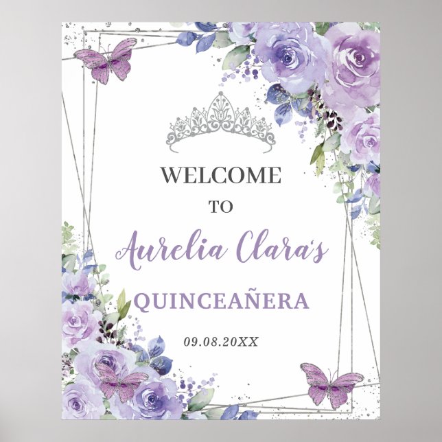 Poster Quinceañera Purple Lilac Floral Borboletas (Frente)