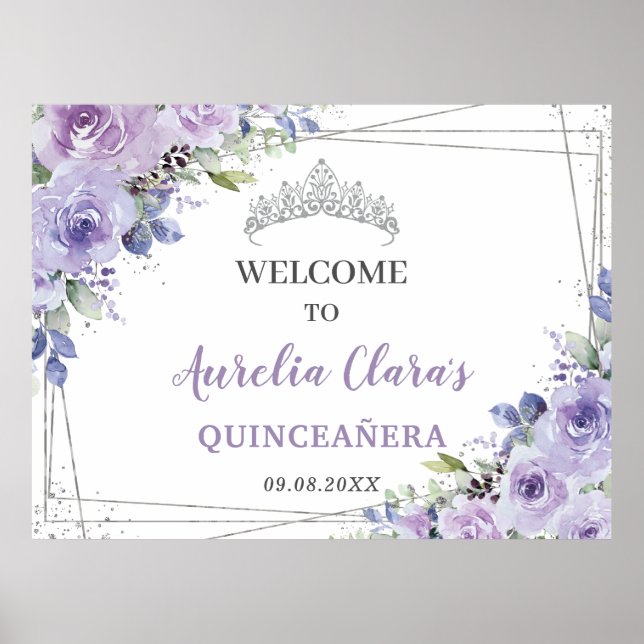 Poster Quinceañera Purple Lilac Floral Borboletas (Frente)