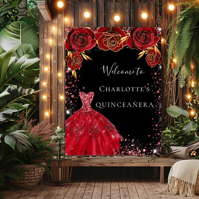 Poster Quinceanera red black dress florais bem-vindos (Criador carregado)