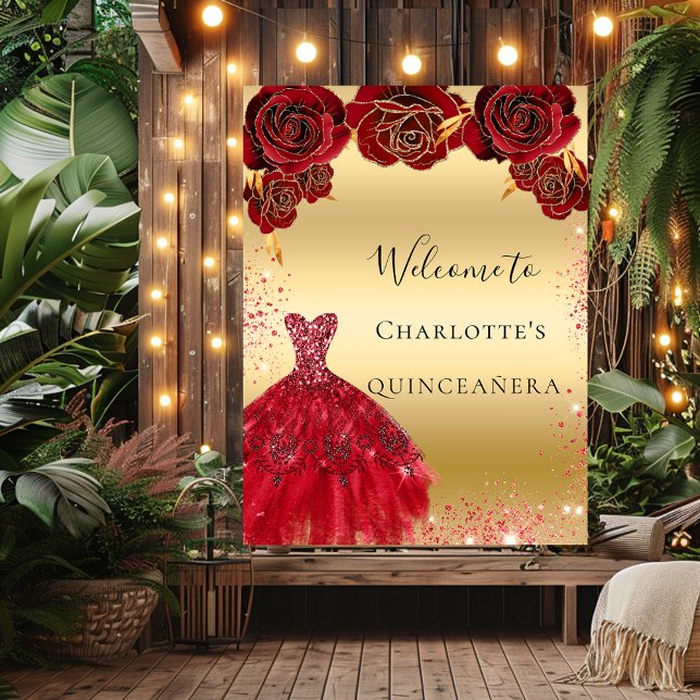 Poster Quinceanera red gold dress floral bem-vindo (Criador carregado)