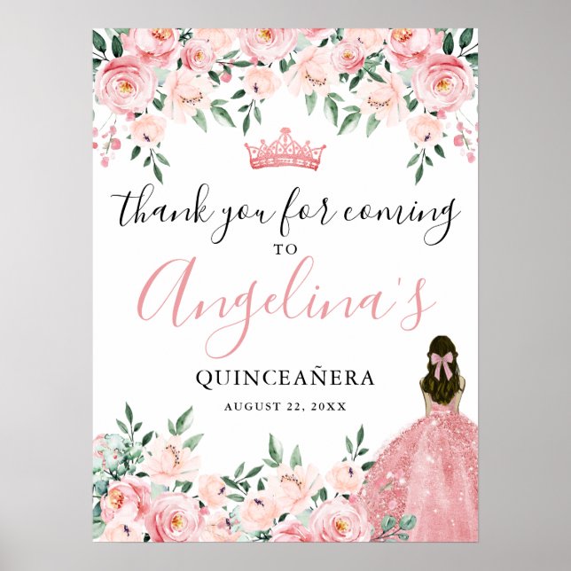 Poster Quinceanera Rosa Obrigado Sinais (Frente)