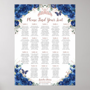 Poster Quinceañera Royal Blue Floral Rosa Dourado Seating