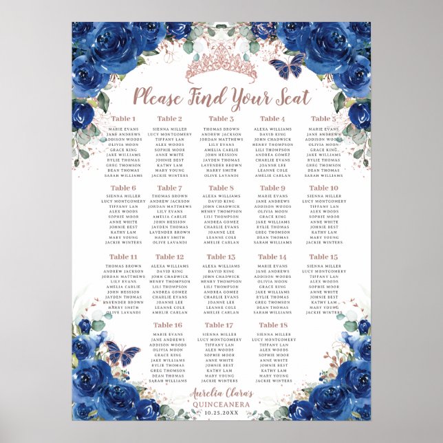 Poster Quinceañera Royal Blue Floral Rosa Dourado Seating (Frente)