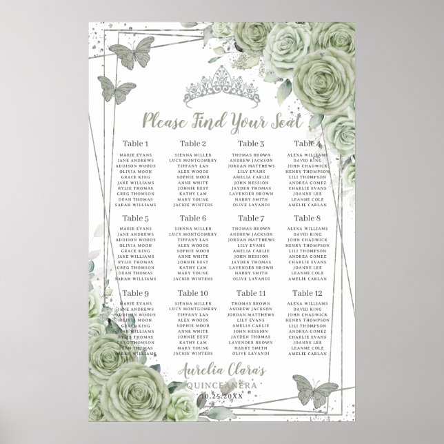 Poster Quinceañera Sage Green Floral Silver Seating Chart (Frente)