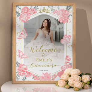 Poster Quinceanera Sinal de Boas-Vindas Rosa Vestido Flor