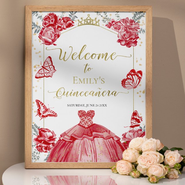 Poster Quinceanera Sinal de Boas-vindas Vestido Vermelho  (Criador carregado)