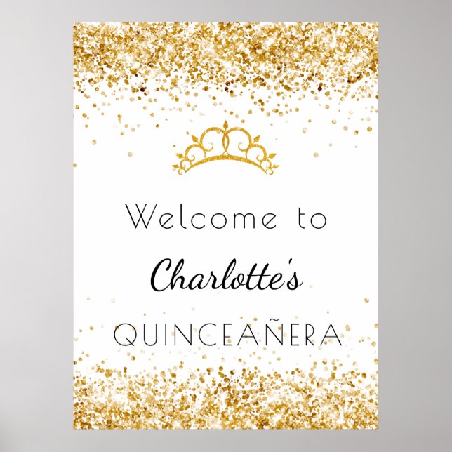 Poster Quinceanera white gold gliter poeira tiara bem vin (Frente)