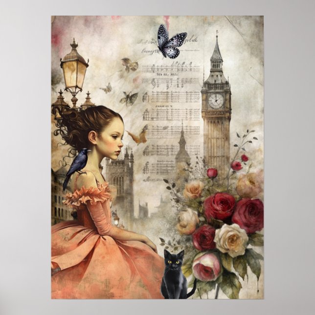 Poster Quirky Victorian Gothic Girl & Florals London (Frente)