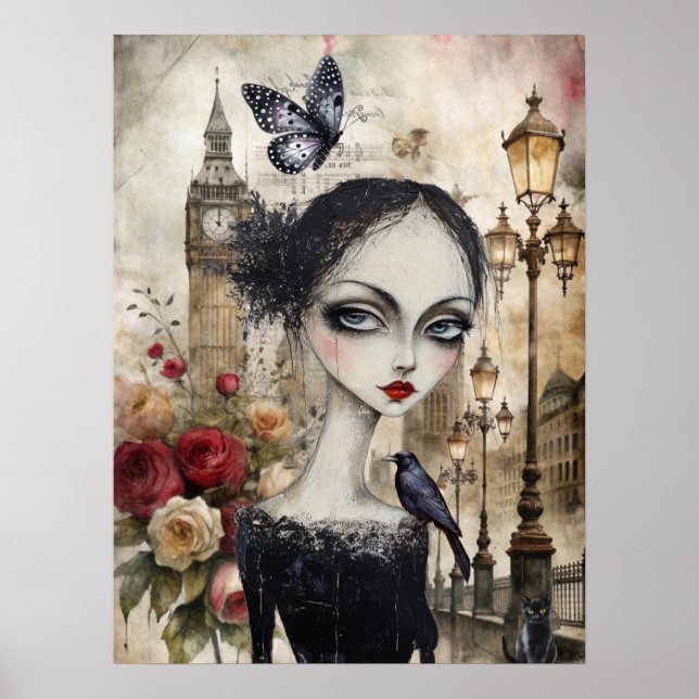 Poster Quirky Victorian Gothic Girl & Florals London (Frente)