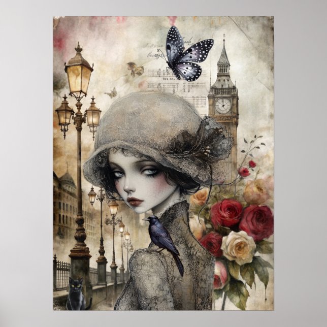 Poster Quirky Victorian Gothic Girl & Florals London (Frente)
