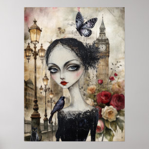 Poster Quirky Victorian Gothic Girl & Florals London