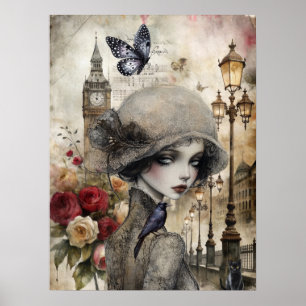 Poster Quirky Victorian Gothic Girl & Florals London