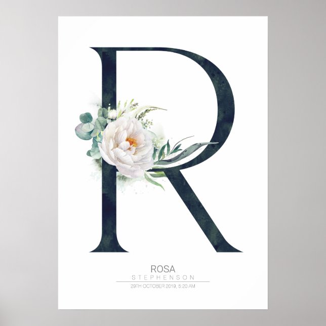 Poster R Letter Monogram White Flowers and Greenery (Frente)