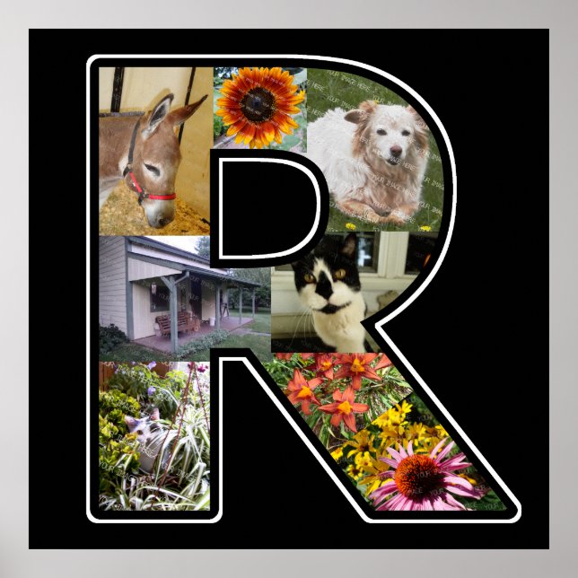Poster R Monogram Create Your Own 8 Photo Collage Black (Frente)