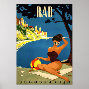 Poster Rab, ilha, Jugoslávia, mulher do biquini na praia
