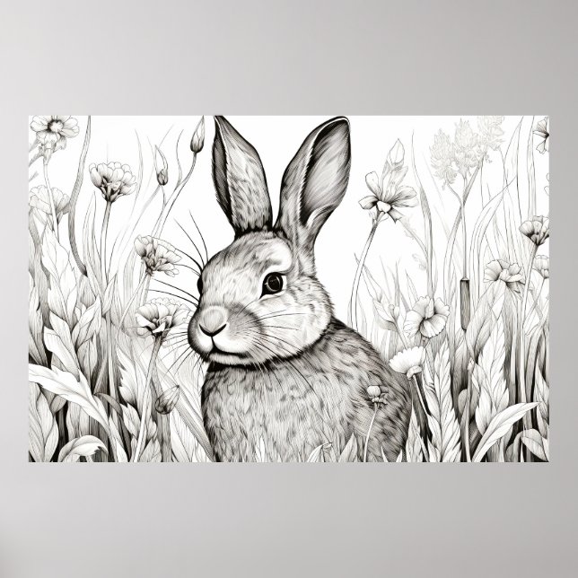 Poster Rabbit Bunny Peaceful Nature Prairie Sketart (Frente)