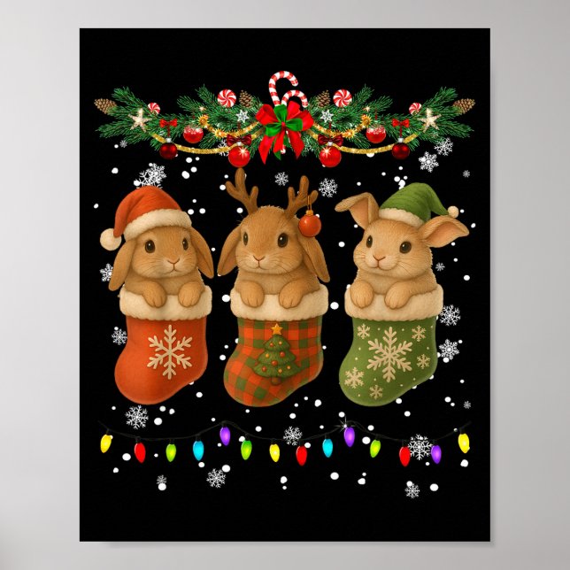 Poster Rabbit In Christmas Socks Lights Rabbit Xmas  (Frente)