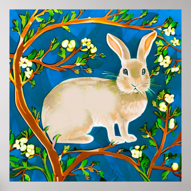 Poster Rabbit selvagem e ramificações de flores (Frente)