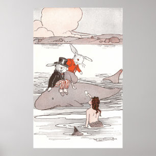 Poster Rabbits Riding Whale Mede Sereia