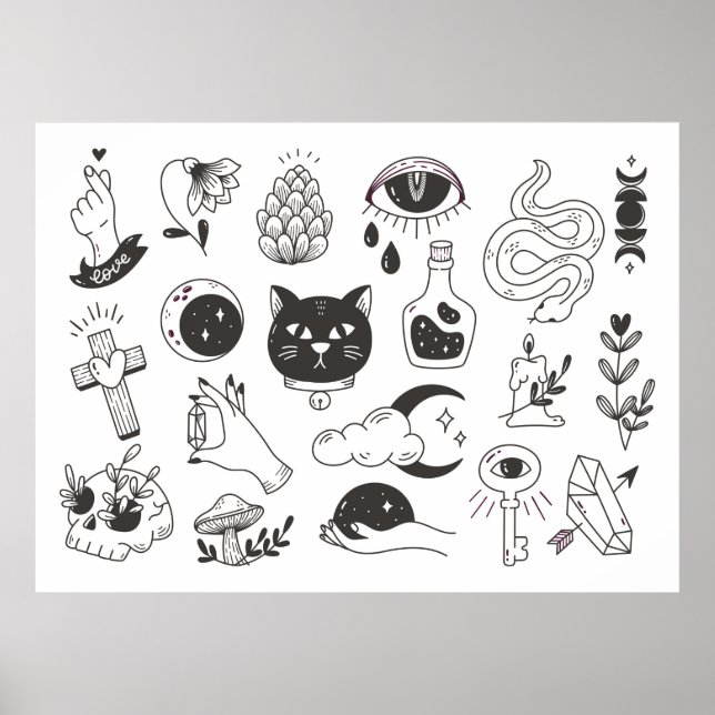 Poster rabisco da tatuagem mística desenhado à mão, crach (Frente)