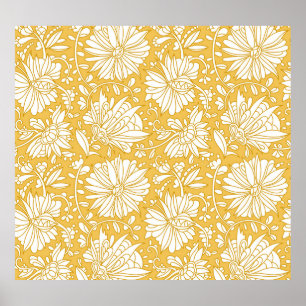 Poster rabisco floral do ouro, desenhado à mão