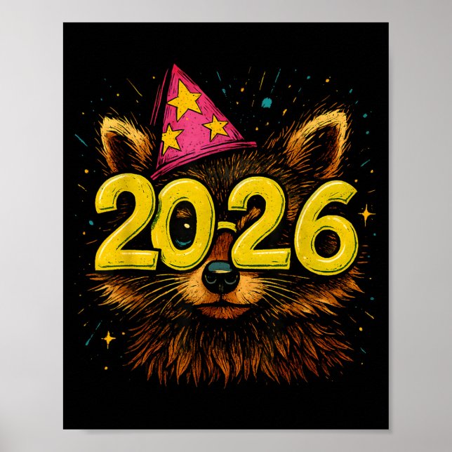 Poster Raccoon 2026 Party Gles Funny New Year Celebration (Frente)