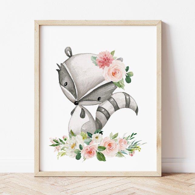 Poster Raccoon, Animais Da Floresta, Boho, Flores Rosa (Criador carregado)