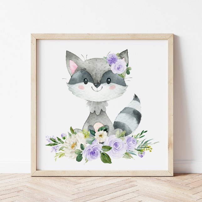Poster Raccoon, Animais Da Floresta, Boho, Flores Roxas (Criador carregado)