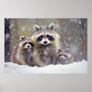 Poster Raccoon Animal Family Wandering Nature