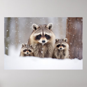 Poster Raccoon Animal Family Wandering Nature