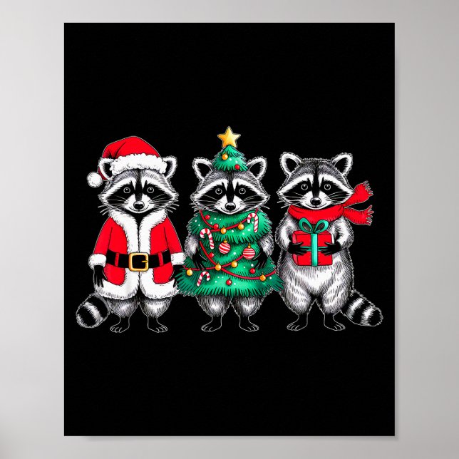Poster Raccoon Christmas Tree Light Santa Hat Xmas Family (Frente)