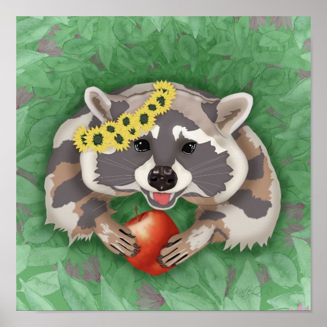 Poster Raccoon em uma coroa de girassóis (Frente)