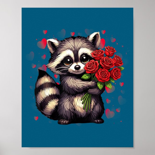 Poster Raccoon Holding Red Rose Cute Raccoon Valentine An (Frente)