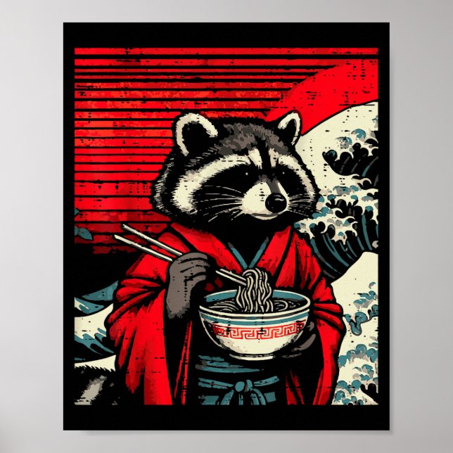 Poster Raccoon Kimono Eating Ramen Japanese Food Art Men  (Frente)