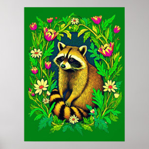Poster Raccoon no Meio do Jardim de Flor Selvagem