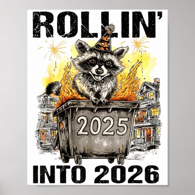 Poster Raccoon Rolling Into 2026 Happy New Year 2026 Funn (Frente)