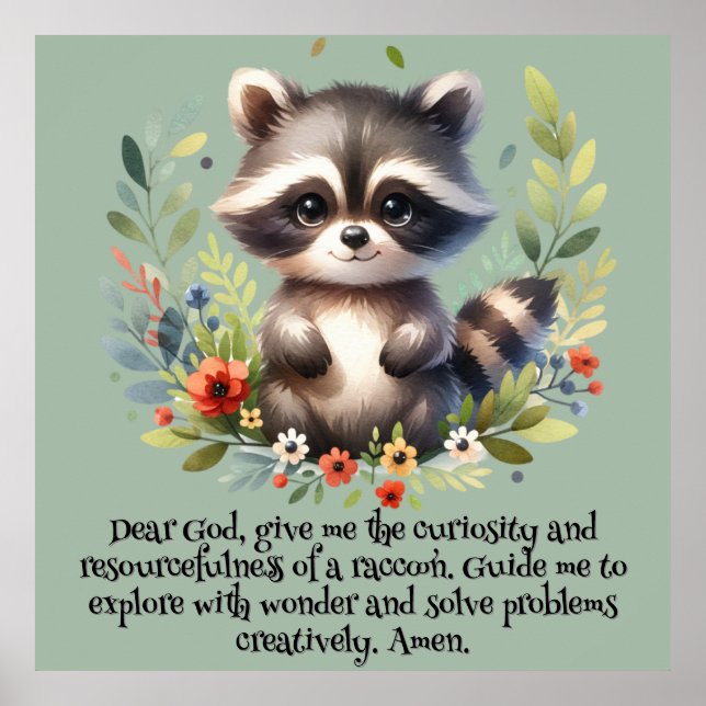 Poster Raccoon Woodland Kids Christian Prayer em Azul | (Frente)