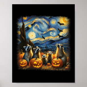 Poster Raccoons E Possum Halloween Fall Van Gogh Starry