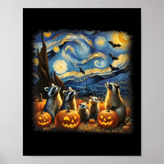 Poster Raccoons E Possum Halloween Fall Van Gogh Starry (Frente)