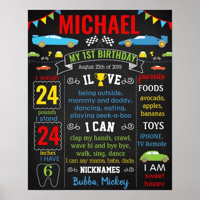 Poster Race Cars First Birthday chalkboard (Frente)