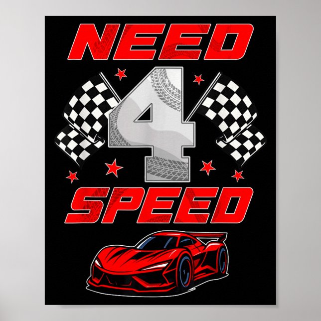 Poster Racing Racecar 4 Year Old 4th Birthday Boy Girl Ne (Frente)