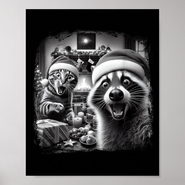 Poster Racoon Santa Funny Cat Taking Selfie Christmas Xma (Frente)