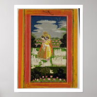 Radha e Krishna abraçam-se numa paisagem idealizad