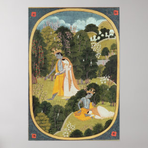 Pôster Radha e Krishna que andam em um bosque