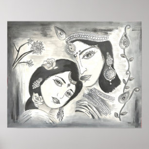 Poster Radha Krishna preto e branco