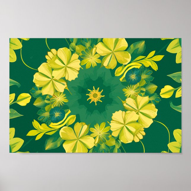 Poster Radiação Floral: Padrão Botânico Amarelo e Verde (Frente)