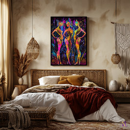 Poster Radiância Neon – As Três Musas em Brilho Futurista