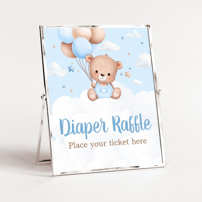 Poster Raffle Chá de fraldas do Urso Azul (Blue Boy Teddy Bear Clouds Balloon Baby Shower Sign)